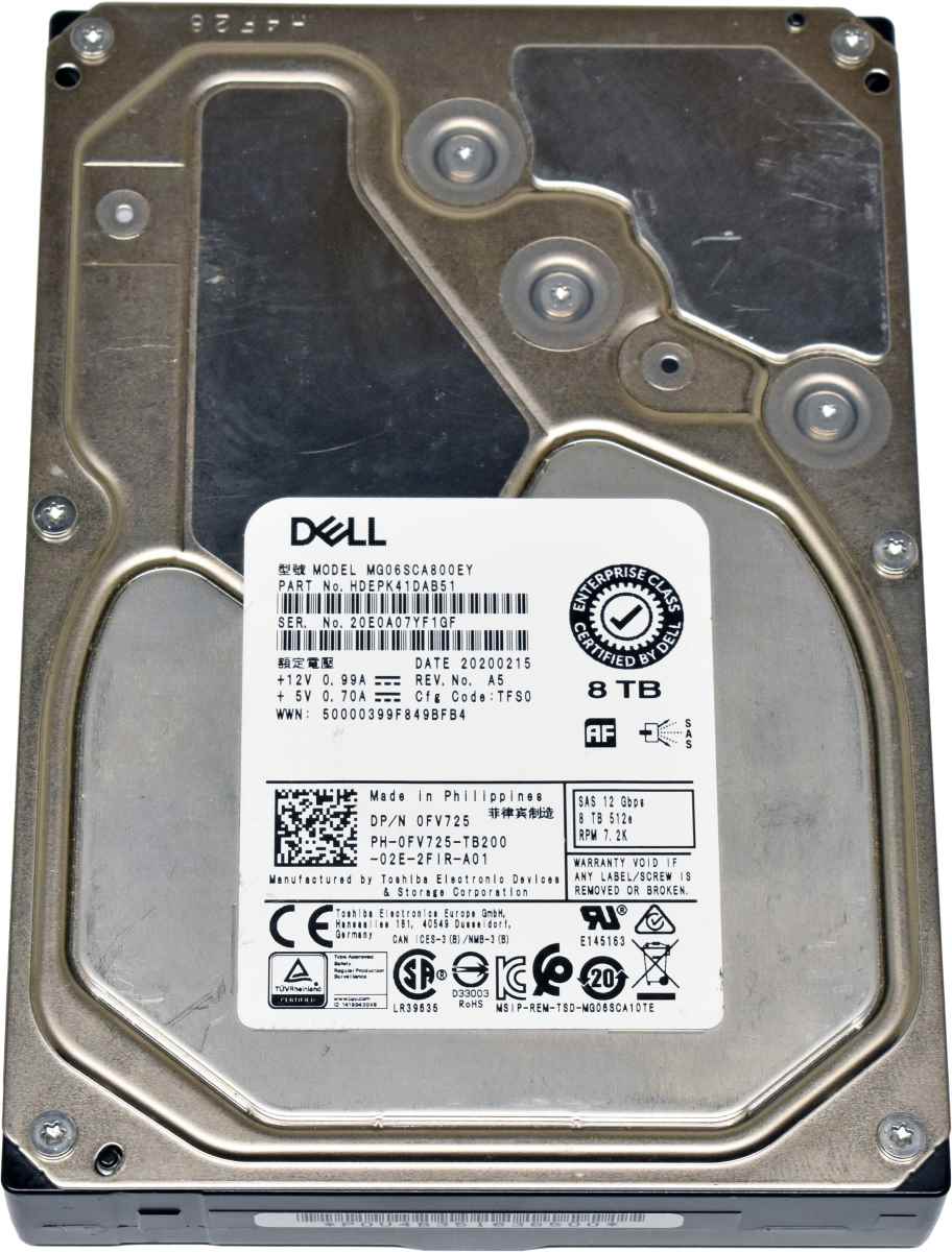 DELL Toshiba 512e 8TB 3.5" 7.2K SAS 12G HDD Festplatte MG06SCA800EY 0FV725 DELL Toshiba 512e 8TB 3.5" 7.2K SAS 12G HDD Festplatte MG06SCA800EY 0FV725