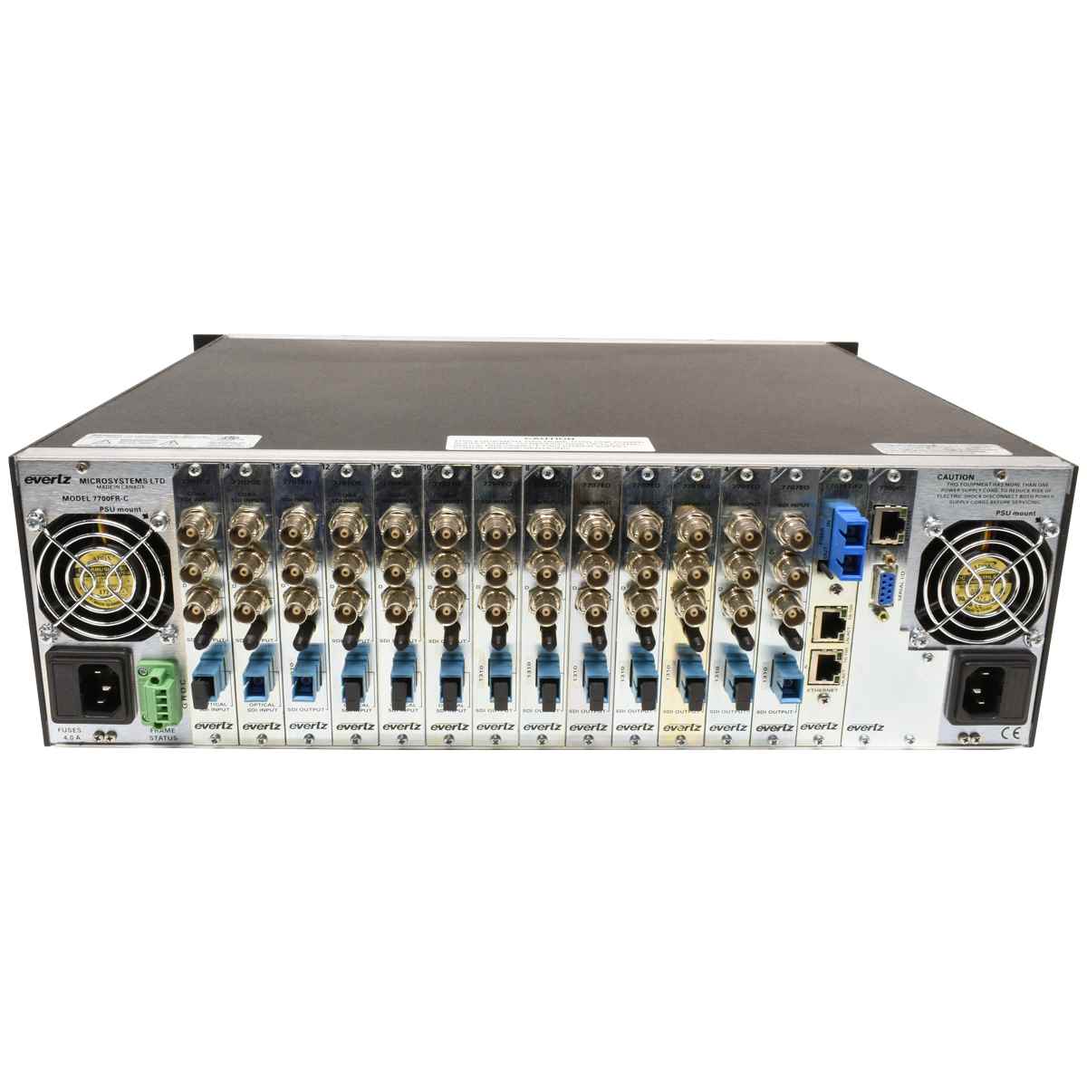 Evertz Multiframe 7700FR-C 2x PSU 5x 7707OE 8x 7707EO 1x 7707ET-F2 1x 7700FC Evertz Multiframe 7700FR-C 2x PSU 5x 7707OE 8x 7707EO 1x 7707ET-F2 1x 7700FC