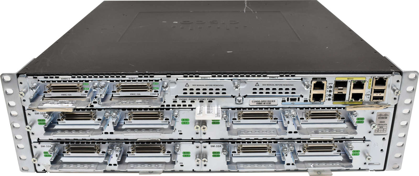 Cisco 3945-Chassis + Modul C3900-SPE150/K9 4x Modul SM32A 10x HWIC16A 2x PSU