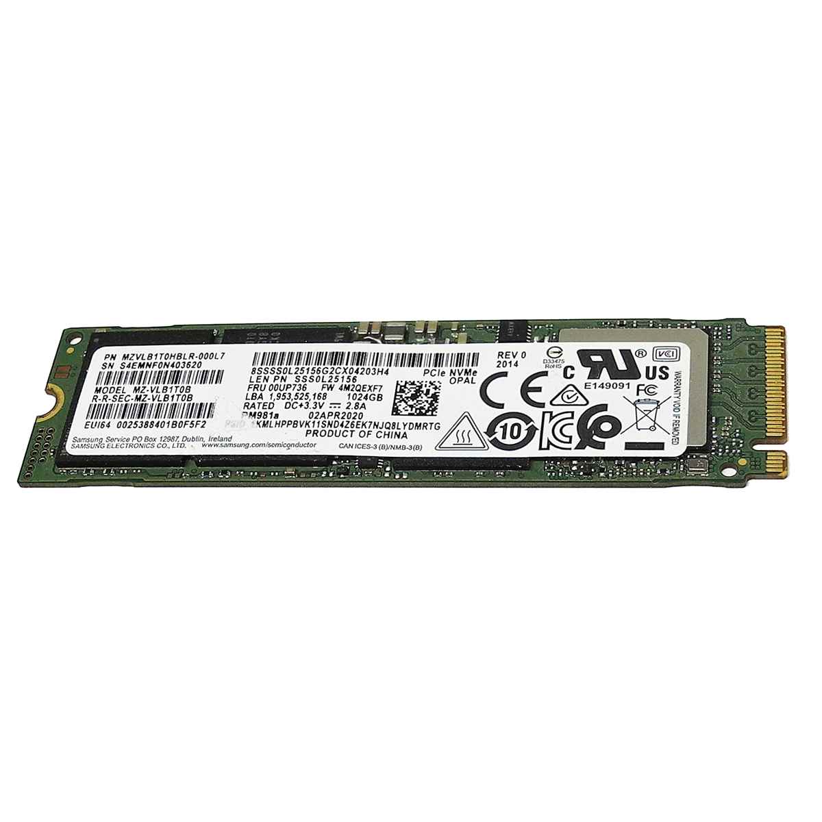 Lenovo 00UP736 Samsung PM981a MZ-VLB1T0B SSD 1024GB M.2 2280 PCIe Gen3.0 x4 NVMe Lenovo 00UP736 Samsung PM981a MZ-VLB1T0B SSD 1024GB M.2 2280 PCIe Gen3.0 x4 NVMe