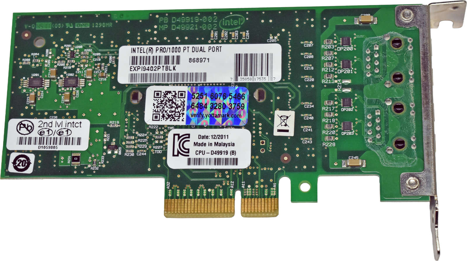 Intel-Pro-1000-PT-Dual-Port-EXPI9402PTBLK-868971-R-004.jpg Intel Pro/1000 PT Dual Port EXPI9402PTBLK 868971 RJ-45 GE Server Adapter PCIe x4 LP