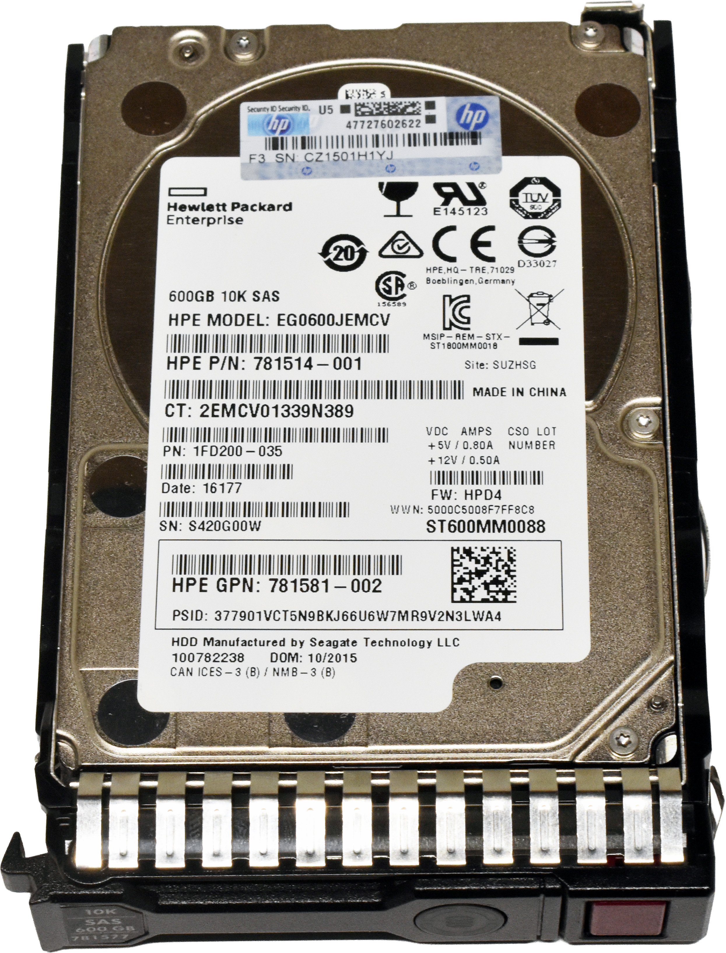 HP Seagate 600GB 2.5" 10K 12G SAS SED HDD ST600MM0088 781577-001 +Caddy