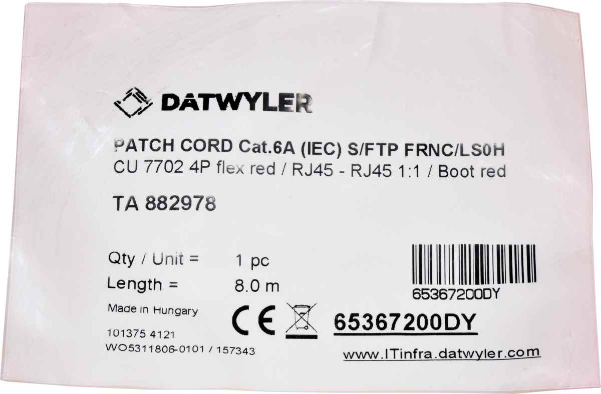 Dätwyler 8m 65367200DY Copper Patch Cord RJ-45 Cat.6A IEC red NEW NEU