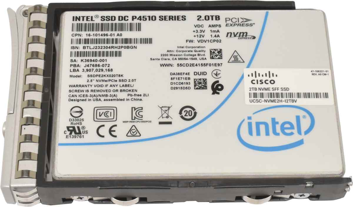 Cisco Intel DC P4510 Series 2TB 2.5" NVMe/PCIe SSD SSDPE2KX020T8K UCSC-NVME2H-I2TBV Cisco Intel DC P4510 Series 2TB 2.5" NVMe/PCIe SSD SSDPE2KX020T8K UCSC-NVME2H-I2TBV