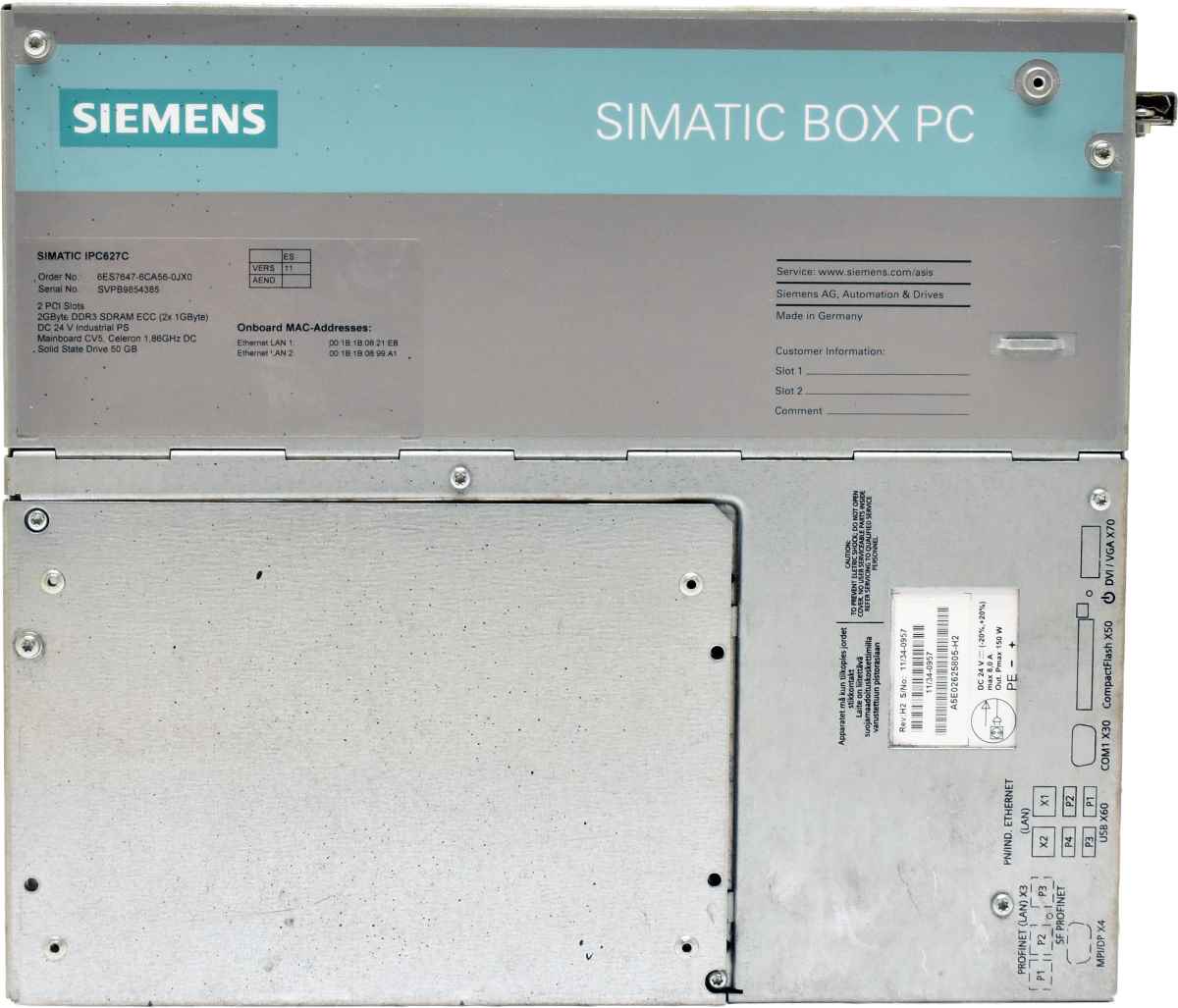 Siemens Simatic BOX PC IPC627C Celeron 1,86GHz 2GB PC3 No HDD 6ES7647-6CA56-0JX0