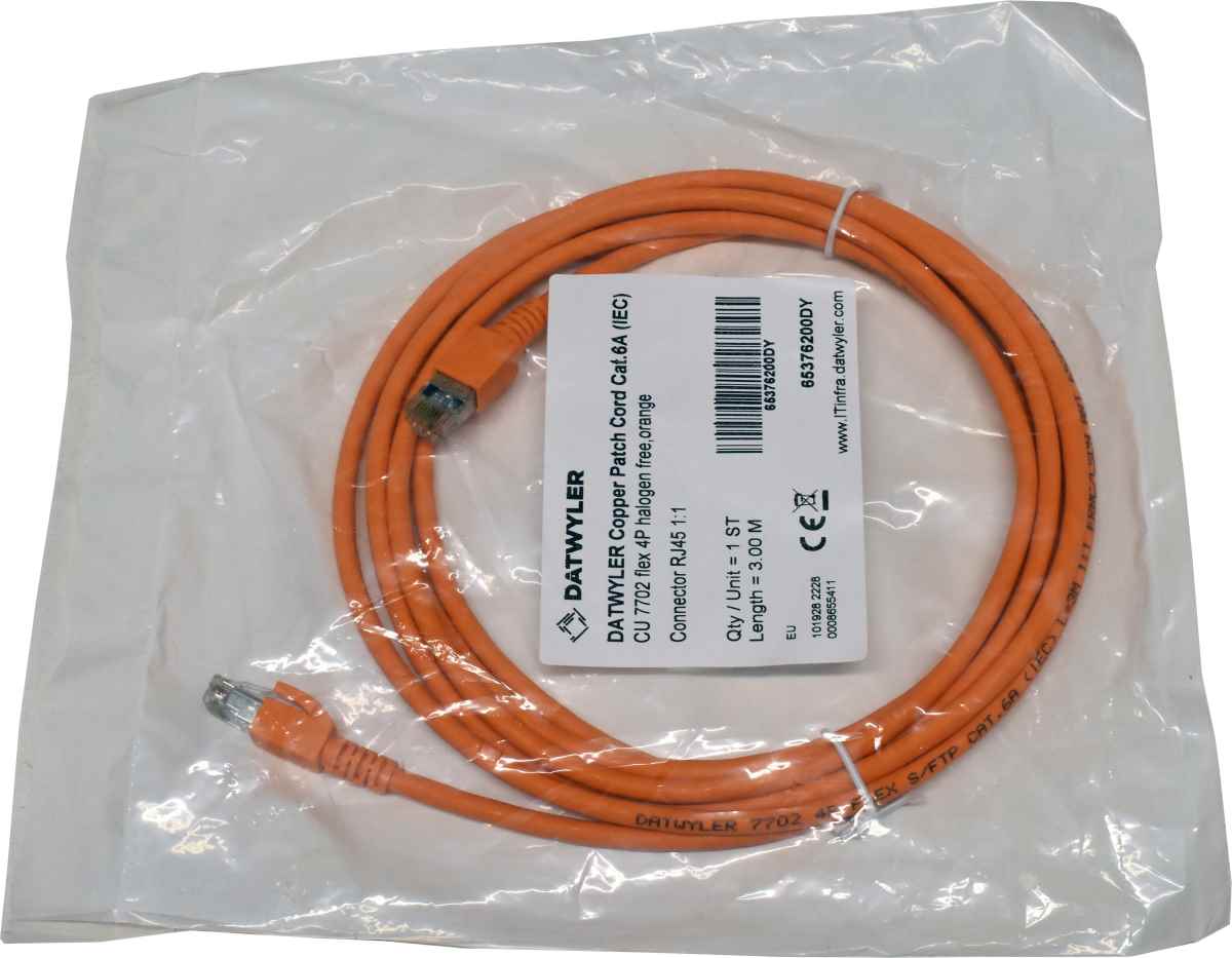 Dätwyler 3m 65376200DY Copper Patch Cord RJ-45 Cat.6A IEC orange NEW NEU