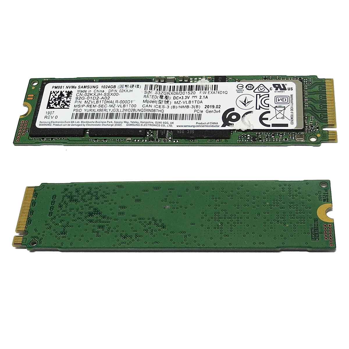 Dell 02KXJH Samsung PM981 MZ-VLB1T0A SSD 1TB M.2 2280 PCIe Gen3.0 x4 NVMe Dell 02KXJH Samsung PM981 MZ-VLB1T0A SSD 1TB M.2 2280 PCIe Gen3.0 x4 NVMe