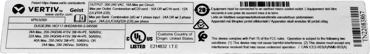 Vertiv Geist VP5UV300 DUS3E2R6-18CF17-x 18 x C13 16A per Circuit PDU