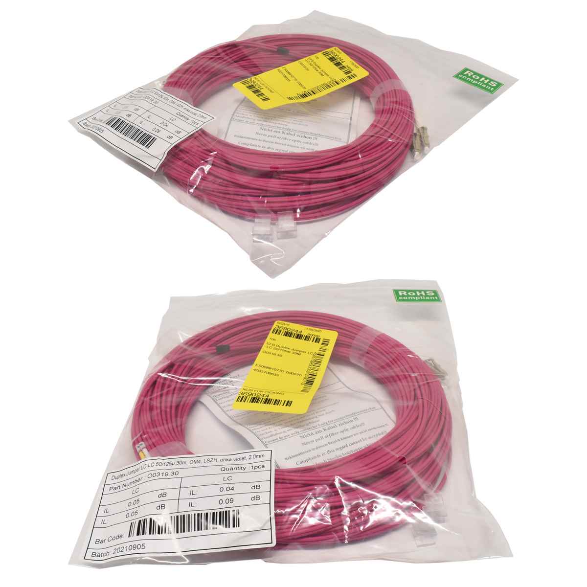 100 x Corning Duplex Jumper LC/LC 50/125 30m OM4 erika violet 2.0mm Neu New