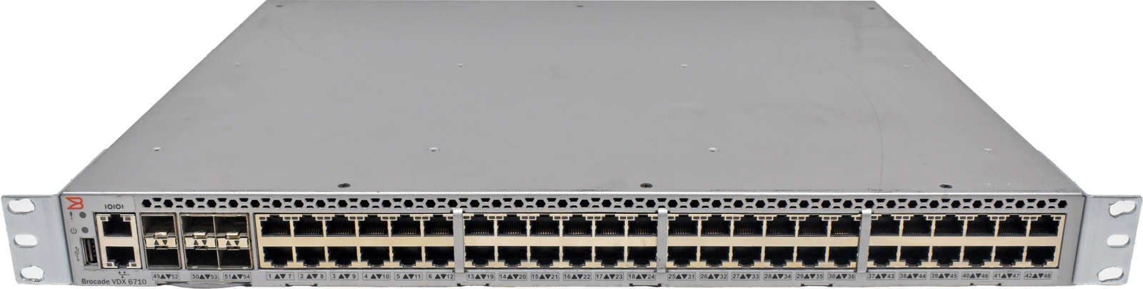 Brocade-VDX-6710-BR-VDX6710-54-F-80-1004843-04-48-001.jpg Brocade VDX 6710 BR-VDX6710-54-F 80-1004843-04 48-Port 1G RJ-45 FCoE Switch 6x 10G SFP+ Rack Ears