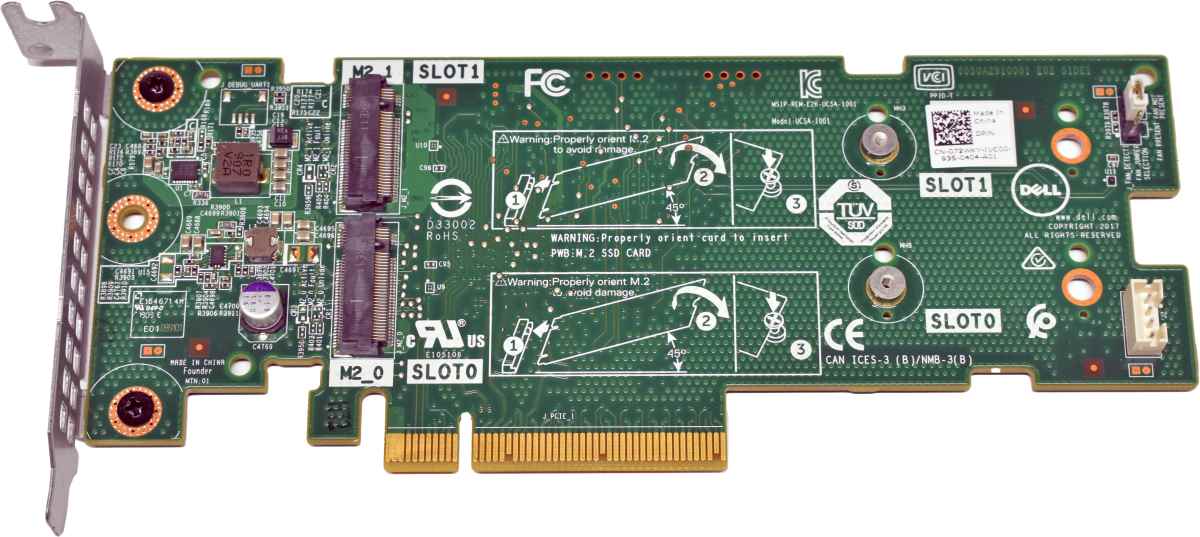 Dell 072WKY BOSS SSD Adapter Card PCI-Express x8 to 2x M.2 2280 SSD Slots LP Dell 0K4D64 BOSS SSD Adapter Card PCI-Express x8 to 2x M.2 2280 SSD Slots LP