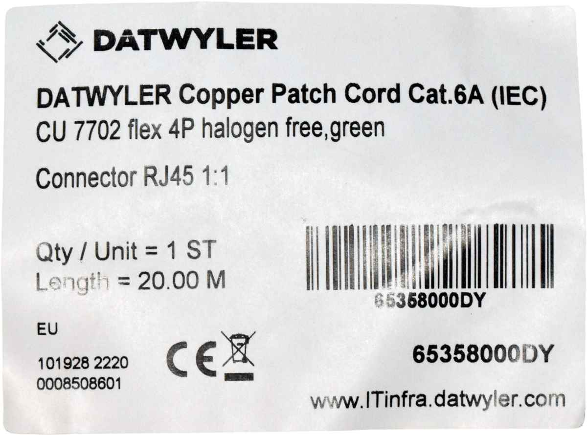 Dätwyler 20m 65358000DY Copper Patch Cord RJ-45 Cat.6A IEC green NEW NEU Dätwyler 20m 65358000DY Copper Patch Cord RJ-45 Cat.6A IEC green NEW NEU