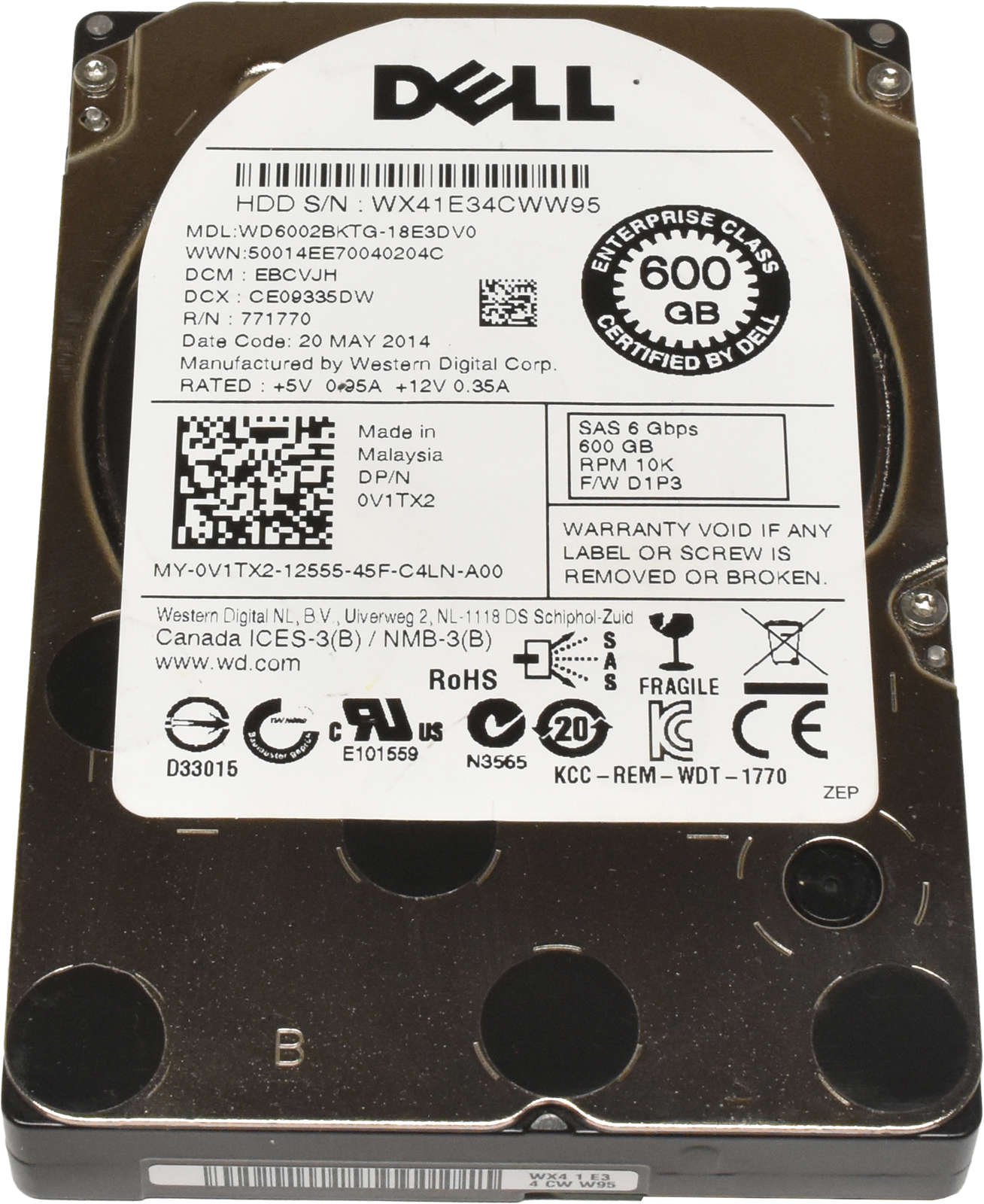 Dell 600GB 2.5" 10K 6G SAS HDD Festplatte WD6002BKTG-18E3DV0 0V1TX2