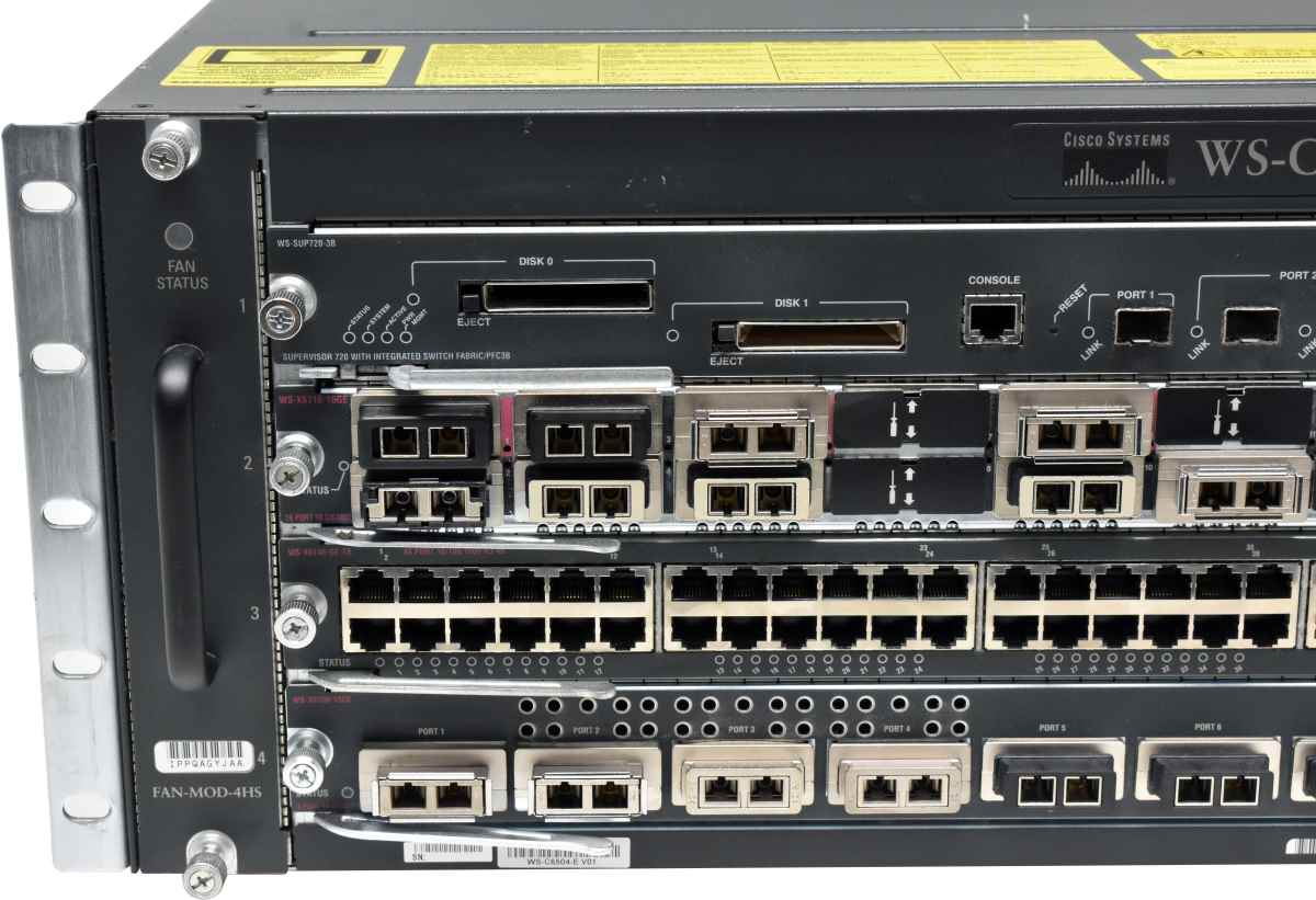 Cisco Catalyst WS-C6504-E 68-2476-01 +Modules WS-SUP720-3B WS-X6716-10GE WS-X6748-GE-TX WS-X6708-10GE 2xPSU 18x 10G GBIC Rack Ears