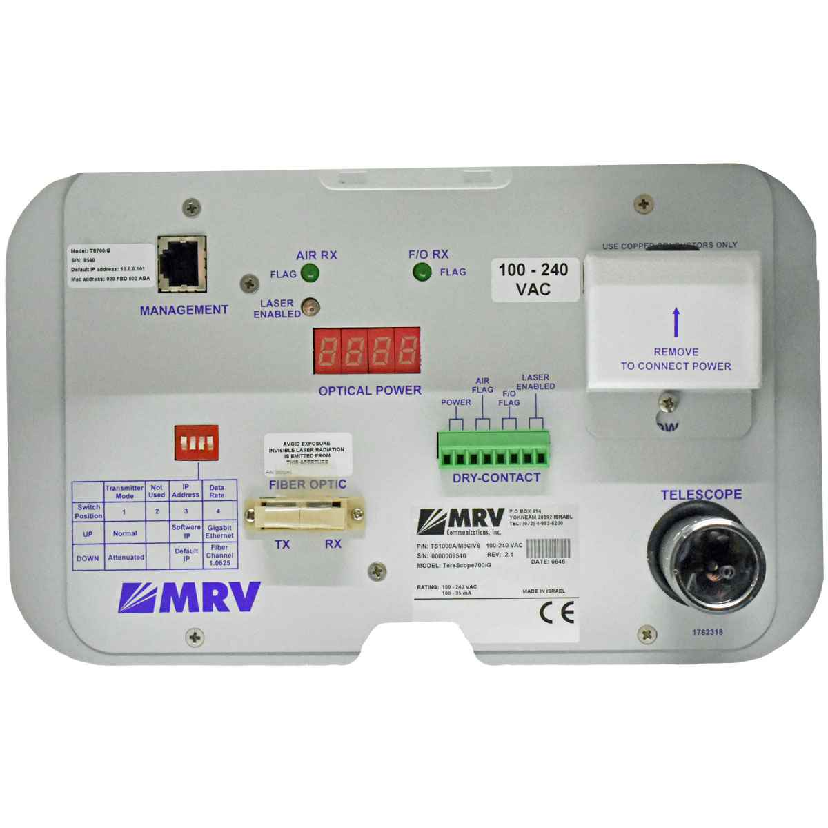 MRV Communications TERESCOPE TS700/G P/N: TS1000A/M8C/VS MRV Communications TERESCOPE TS700/G P/N: TS1000A/M8C/VS