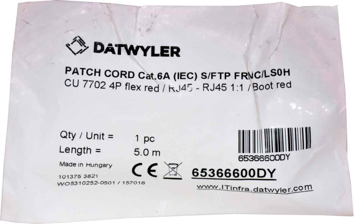 Dätwyler 5m 65366600DY Copper Patch Cord RJ-45 Cat.6A IEC red NEW NEU Dätwyler 5m 65366600DY Copper Patch Cord RJ-45 Cat.6A IEC red NEW NEU