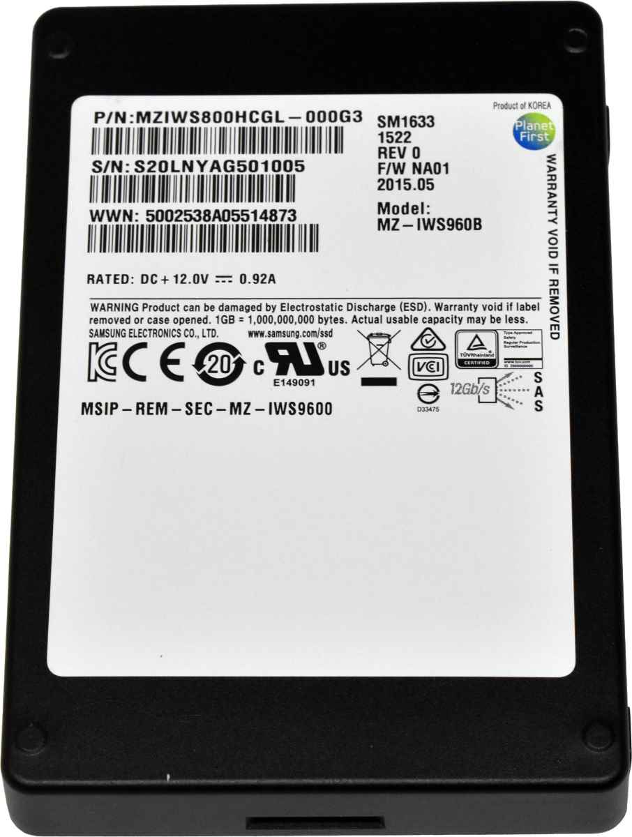 Samsung SM1633 800GB 2.5" 12G SAS SSD MZ-IWS960B MZIWS800HCGL-000G3 512 Bytes