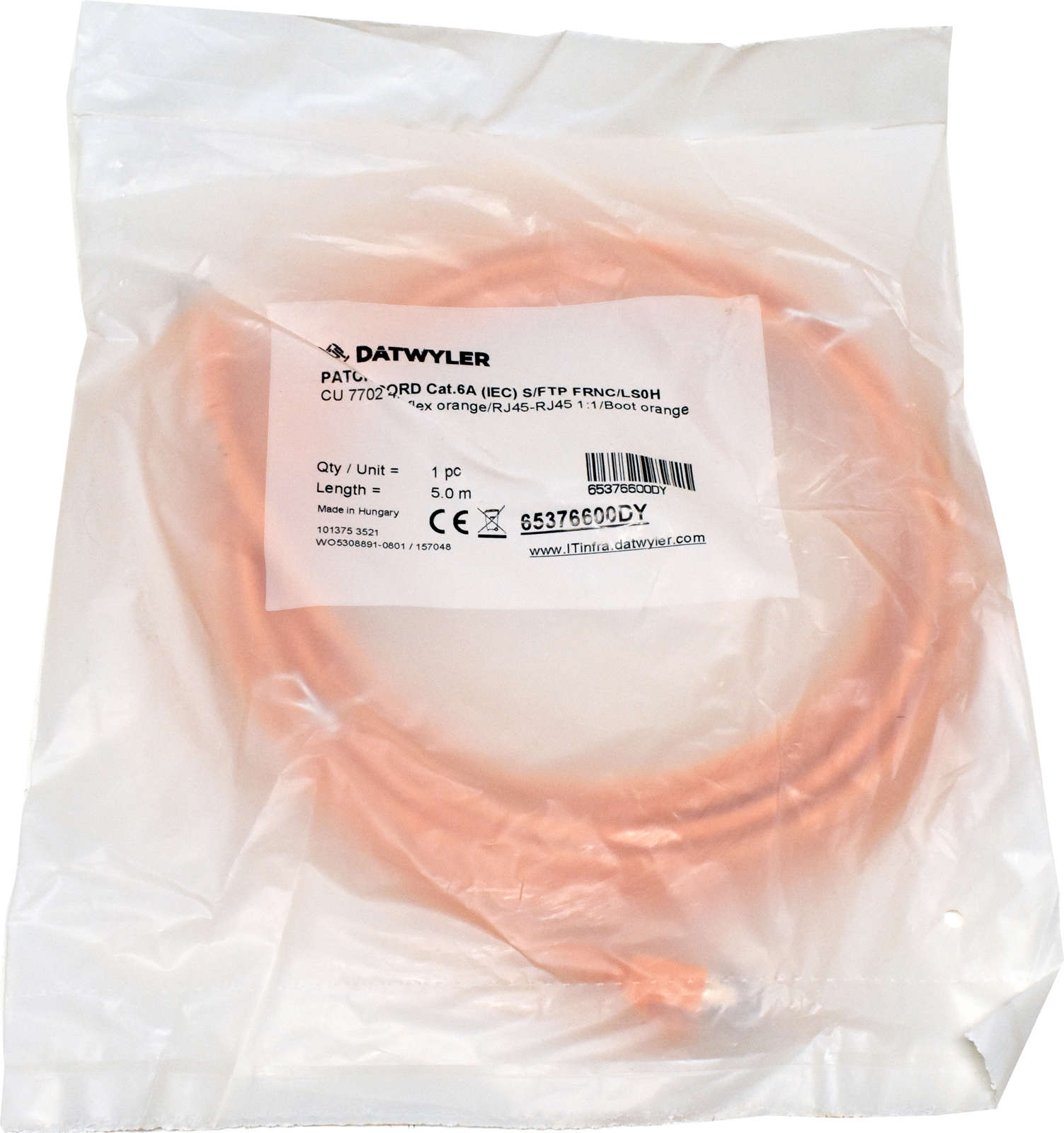 Dätwyler 5m 65376600DY Copper Patch Cord RJ-45 Cat.6A IEC orange NEW NEU