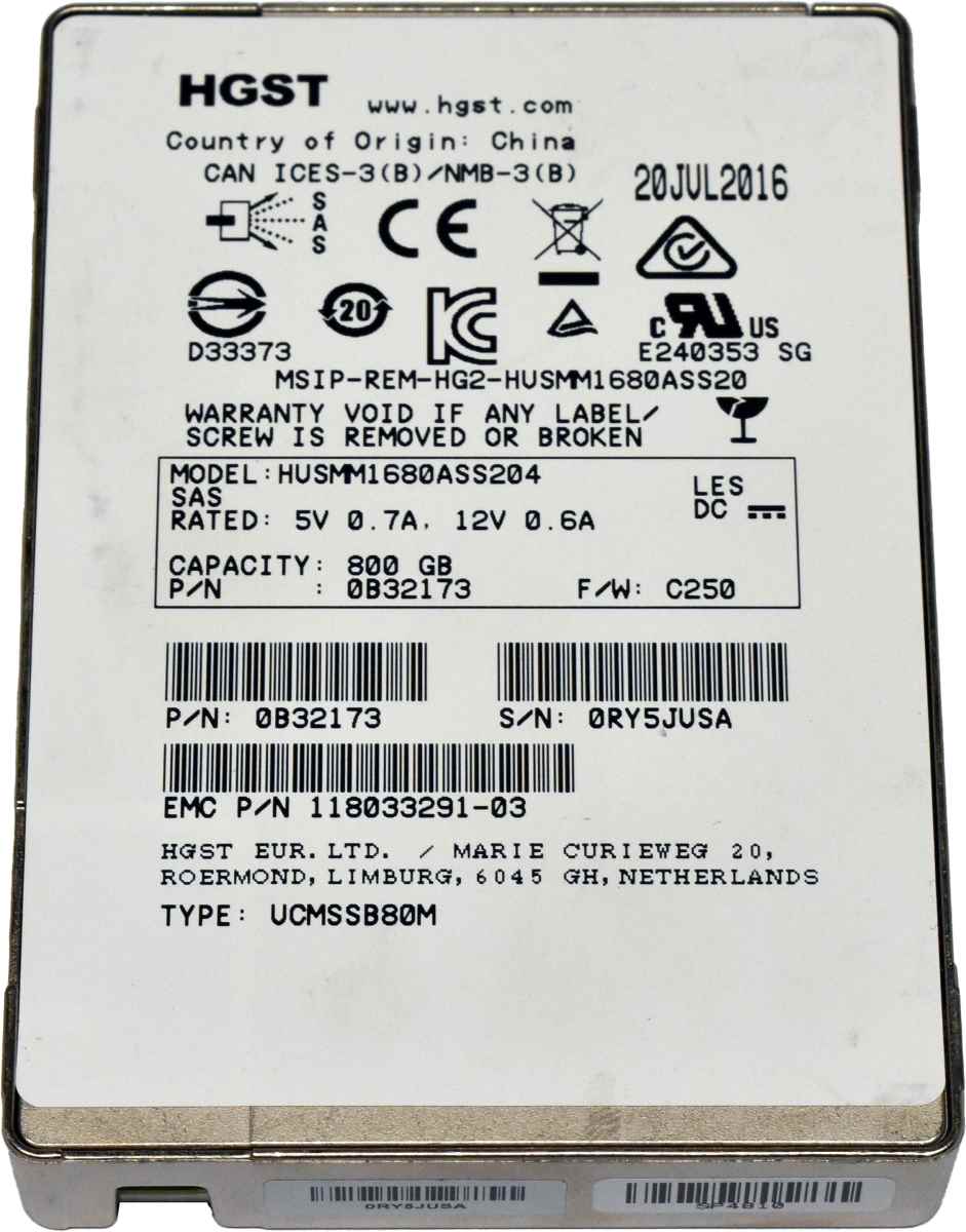 EMC HGST 800GB 2.5" 12G SAS SSD 118033291-03 HUSMM1680ASS204 Server Storage