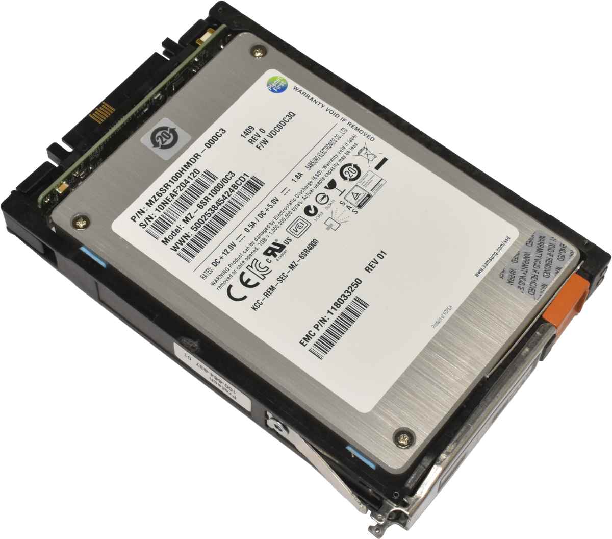 EMC Samsung 100GB 2.5" SAS SSD Flash Drive MZ-6SR1000/0C3 mit EMC Rahmen