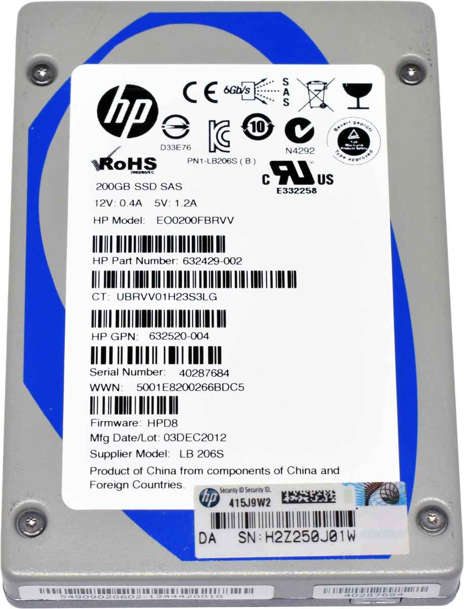 HP Enterprise 200GB 2.5" 6G SAS-2 SSD EO0200FBRVV 632429-002