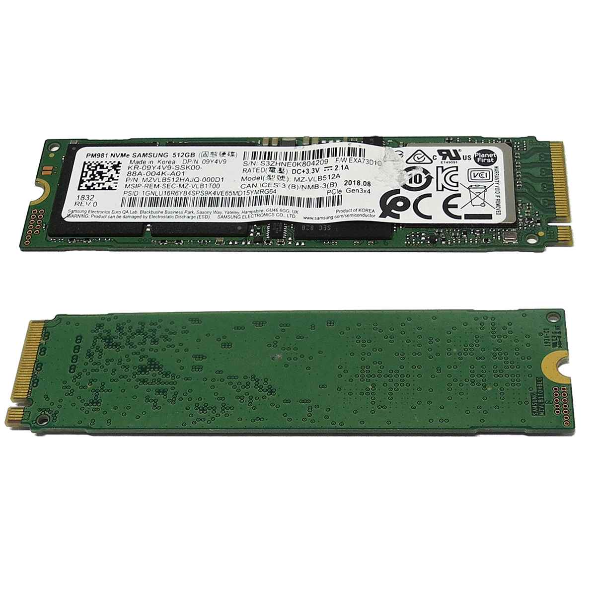 Dell 09Y4V9 Samsung PM981 MZ-VLB512A SSD 512GB M.2 2280 PCIe Gen3.0 x4 NVMe