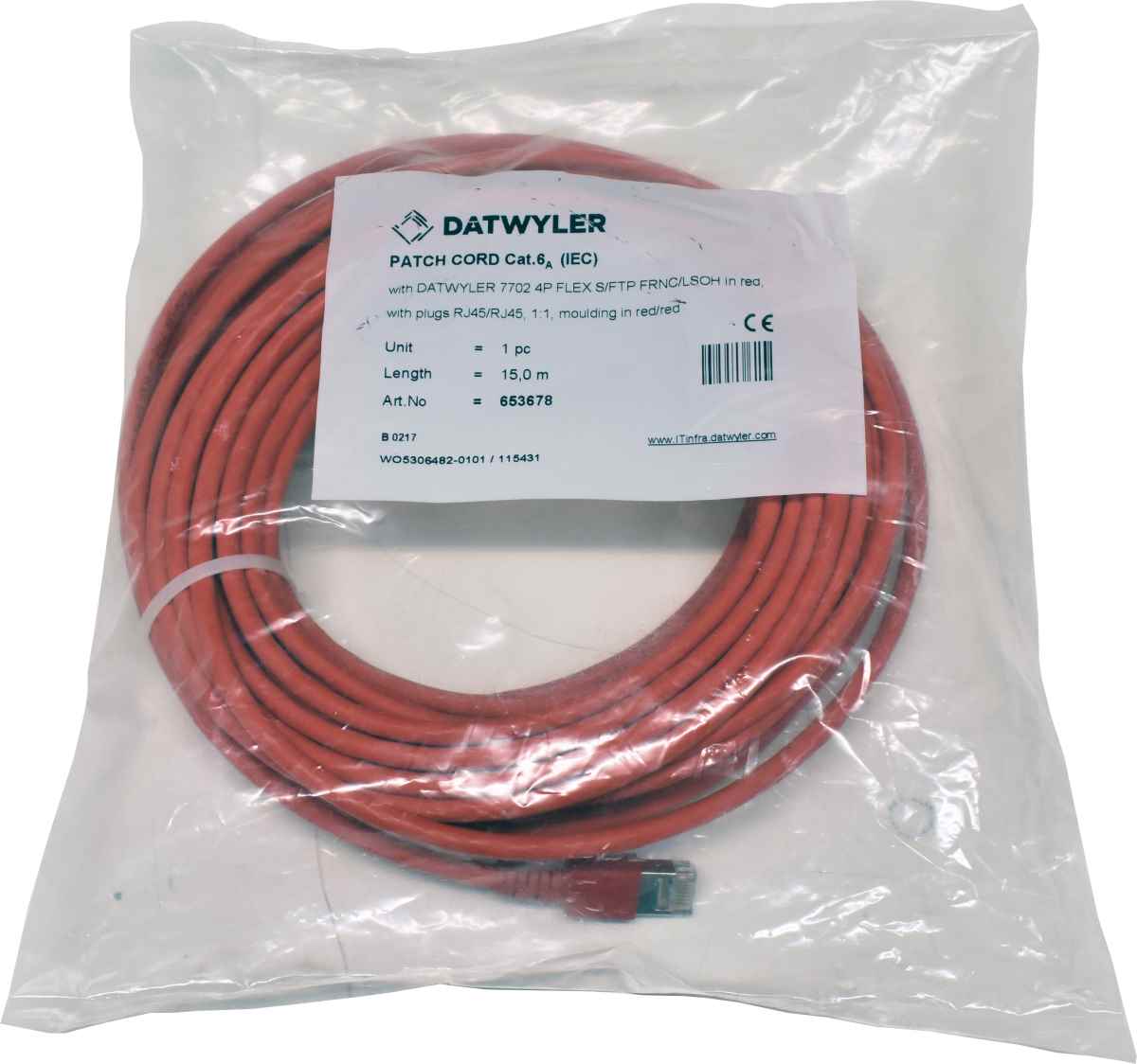 Dätwyler 15m 653678 Copper Patch Cord RJ-45 Cat.6A IEC red NEW NEU