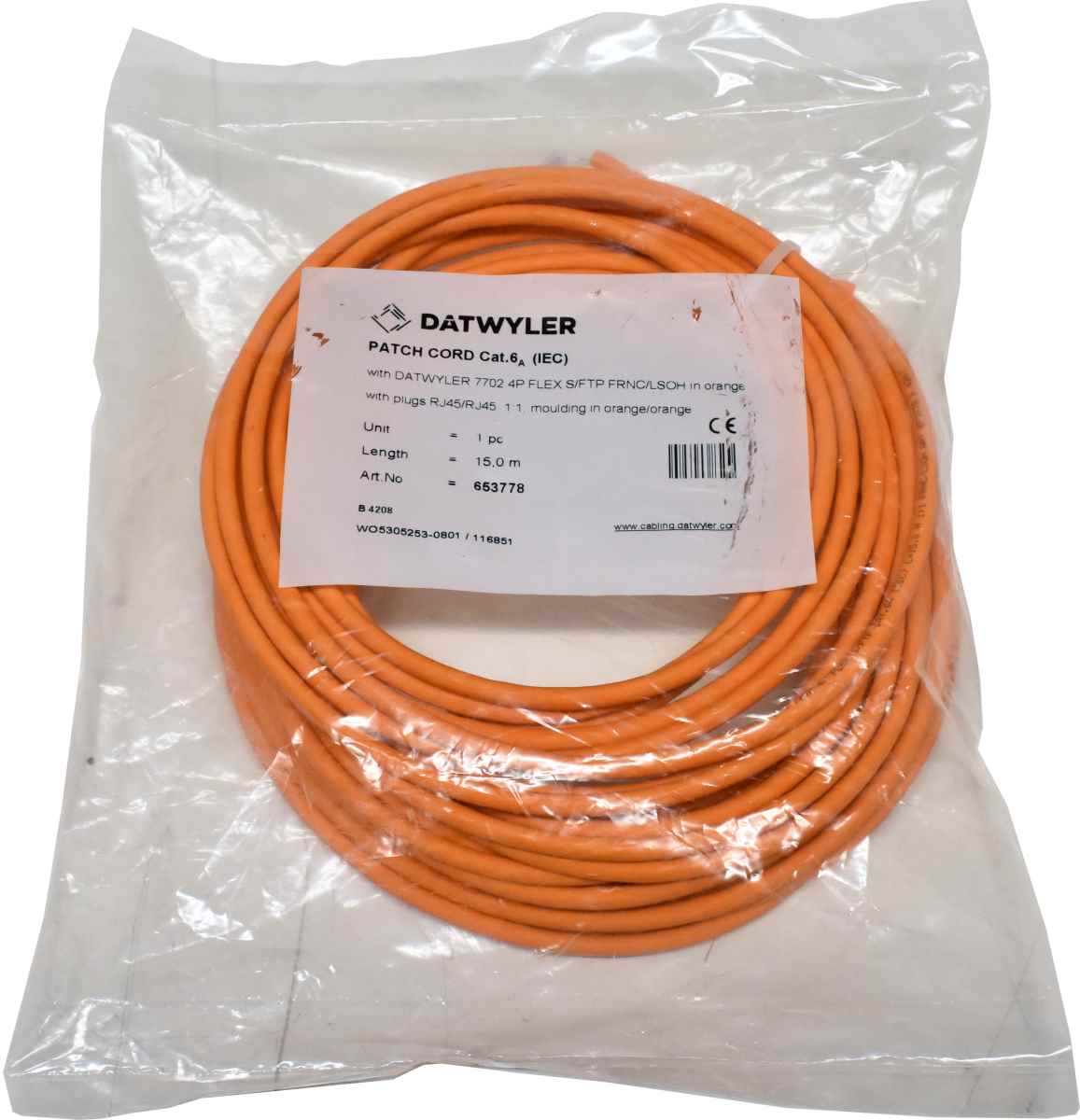 Dätwyler 15m 653778 Copper Patch Cord RJ-45 Cat.6A IEC orange NEW NEU