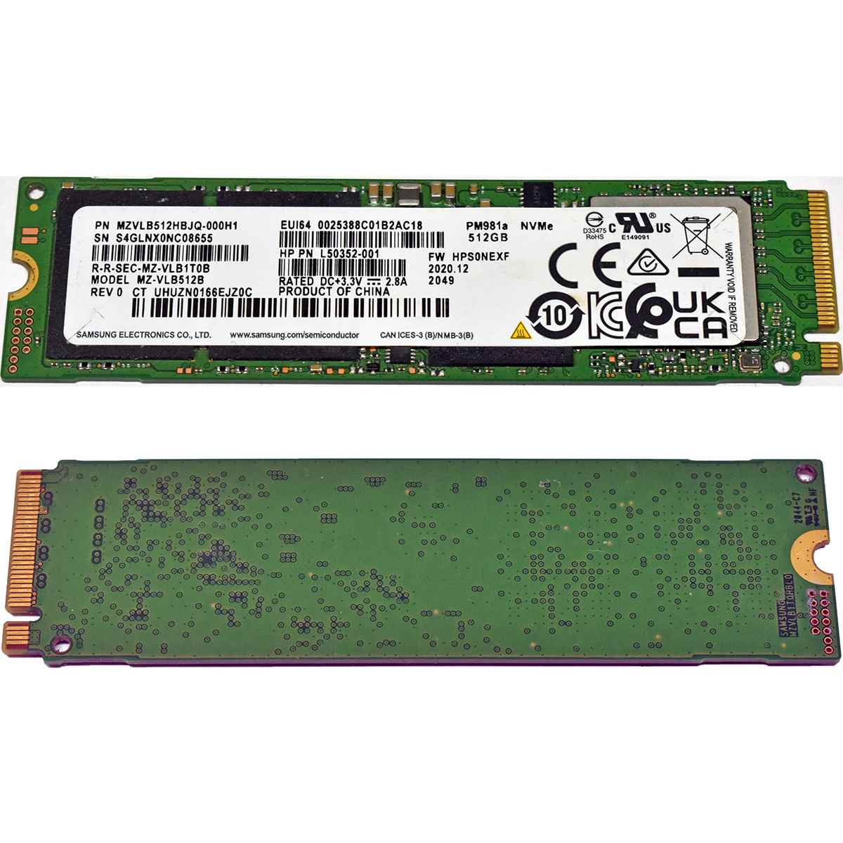 HP Samsung PM981a L50352-001 MZ-VLB512B 512GB M.2 SSD 2280 PCIe Gen3.0 x4 NVMe