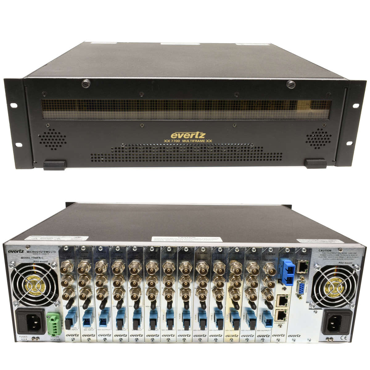 Evertz-Multiframe-7700FR-C-2x-PSU-5x-7707OE-8x-770-001.jpg Evertz Multiframe 7700FR-C 2x PSU 5x 7707OE 8x 7707EO 1x 7707ET-F2 1x 7700FC