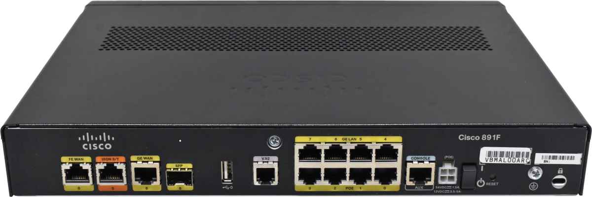 Cisco C891F-K9 8-Port RJ-45 GE 4x PoE integrated Services Router +SFP +WAN +ISDN no PSU Cisco C891F-K9 8-Port RJ-45 GE 4x PoE integrated Services Router +SFP +WAN +ISDN no PSU