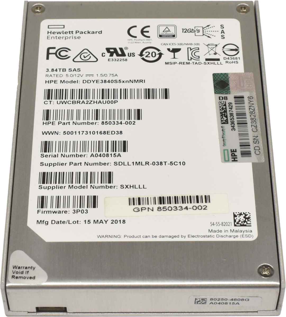 HP DDYE3840S5xnNMRI 3.84TB 2.5" 12Gbps SAS SSD 850334-002 3PAR 7000 8000