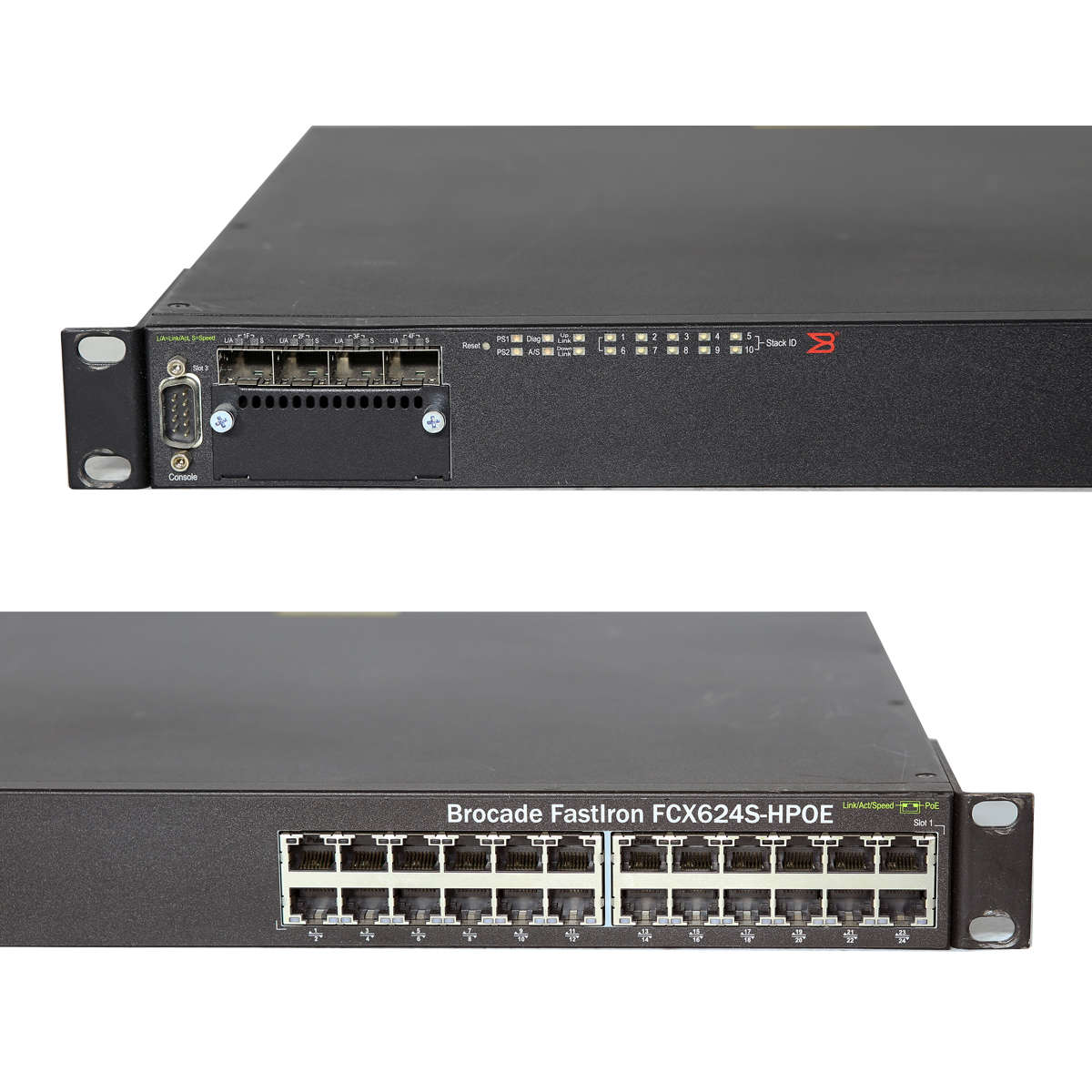 Brocade-FastIron-FCX624S-HPOE-80-1002387-04-24-Por-002.jpg Brocade FastIron FCX624S-HPOE 80-1002387-04 24-Port PoE Gigabit Ethernet Switch 4x SFP 1xPSU