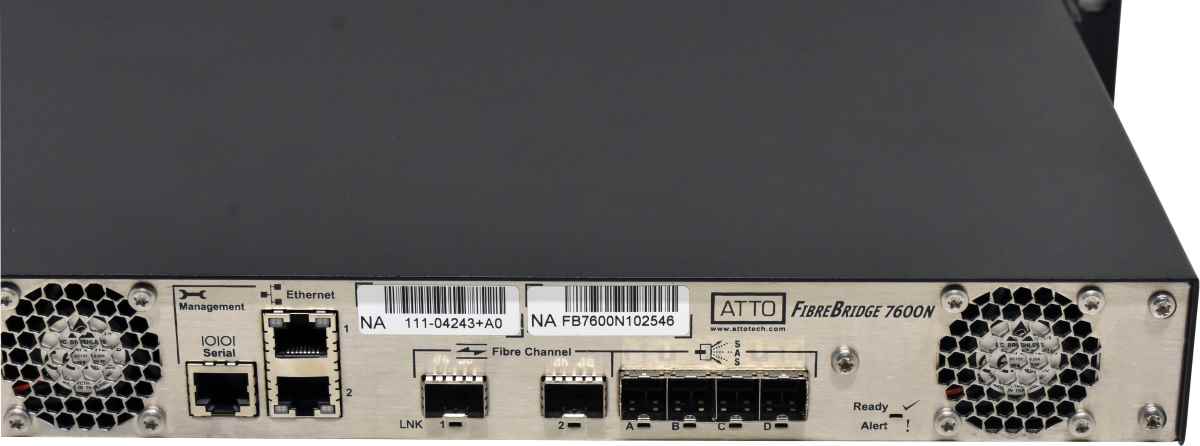 ATTO FibreBridge 7600N FCBR-7600-DN1 4163-0065-R00 32GB FC to 12GB SAS 2x 32G Mini GBIC