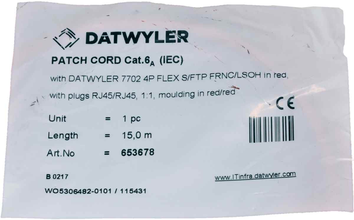 Dätwyler 15m 653678 Copper Patch Cord RJ-45 Cat.6A IEC red NEW NEU