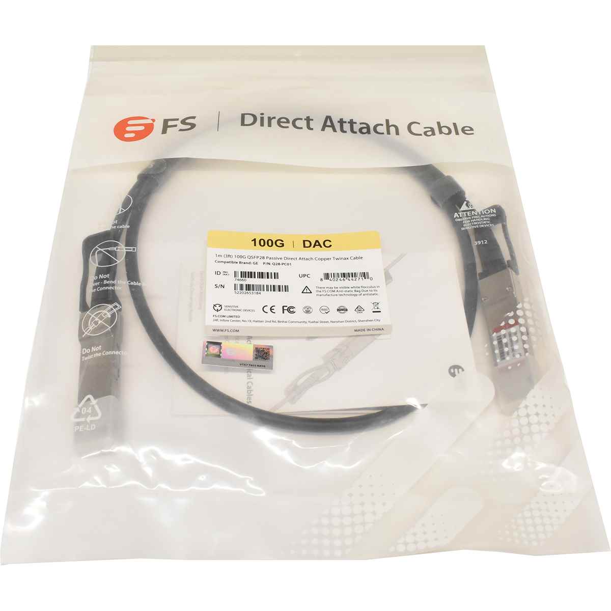 FS Q28-PC01 1m 100GbE QSFP28 Passive DAC Twinax Kabel NEU