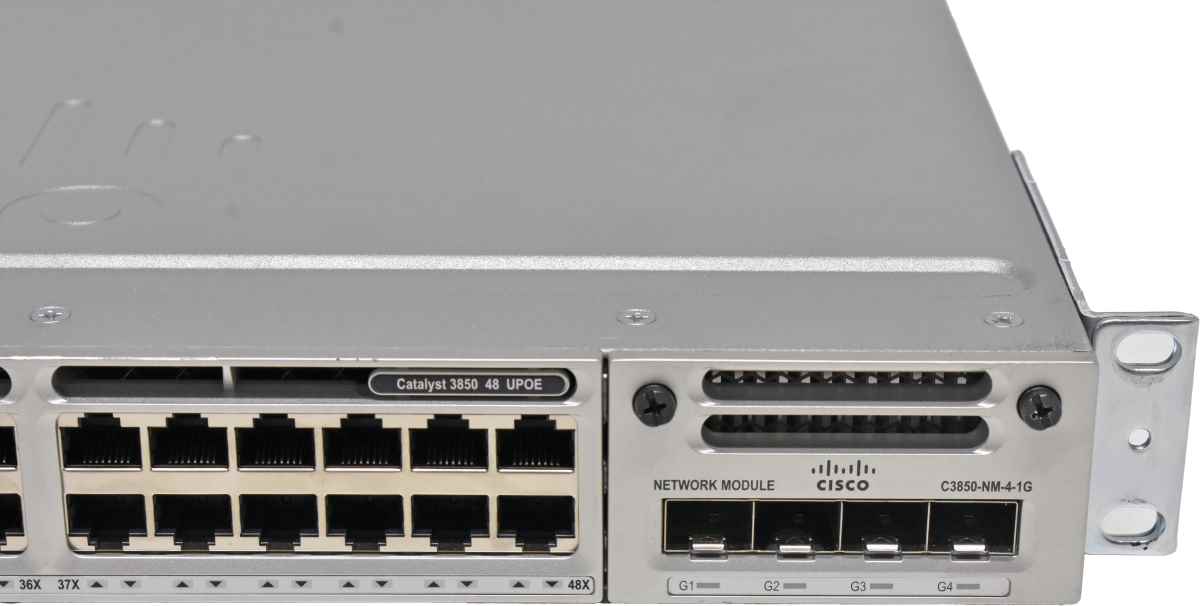 Cisco Catalyst WS-C3850-48U-S 48-Port UPoE GE Switch + Module C3850-NM-4-1G 1x PSU Rack Ears Cisco Catalyst WS-C3850-48U-S 48-Port UPoE GE Switch + Module C3850-NM-4-1G 1x PSU Rack Ears