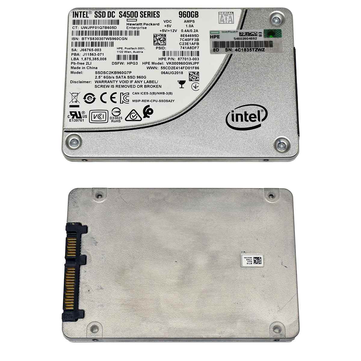 HP Intel SSD DC S4500 Series 960GB 2.5 Zoll 6G SATA SSDSC2KB960G7P 877013-003
