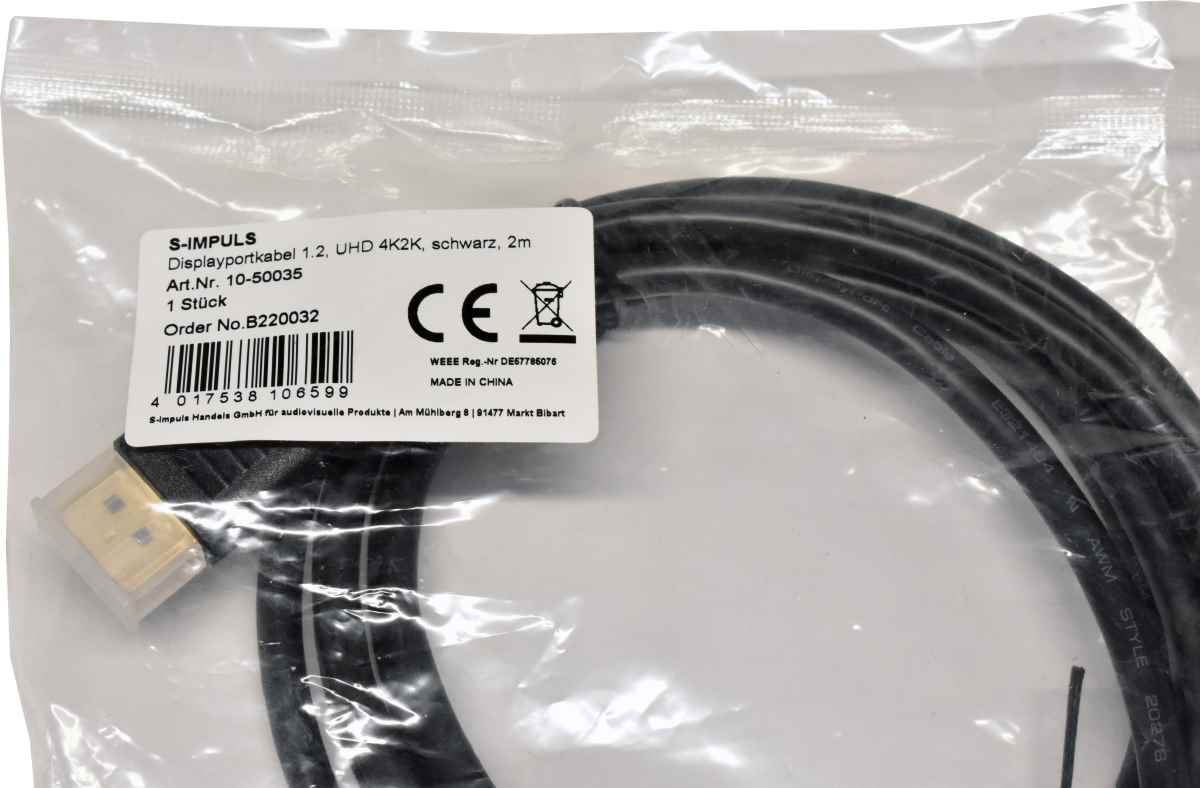 S-Impuls 10-50035 2m Displayportkabel UHD 4K2K schwarz DisplayPort - DisplayPort NEW NEU