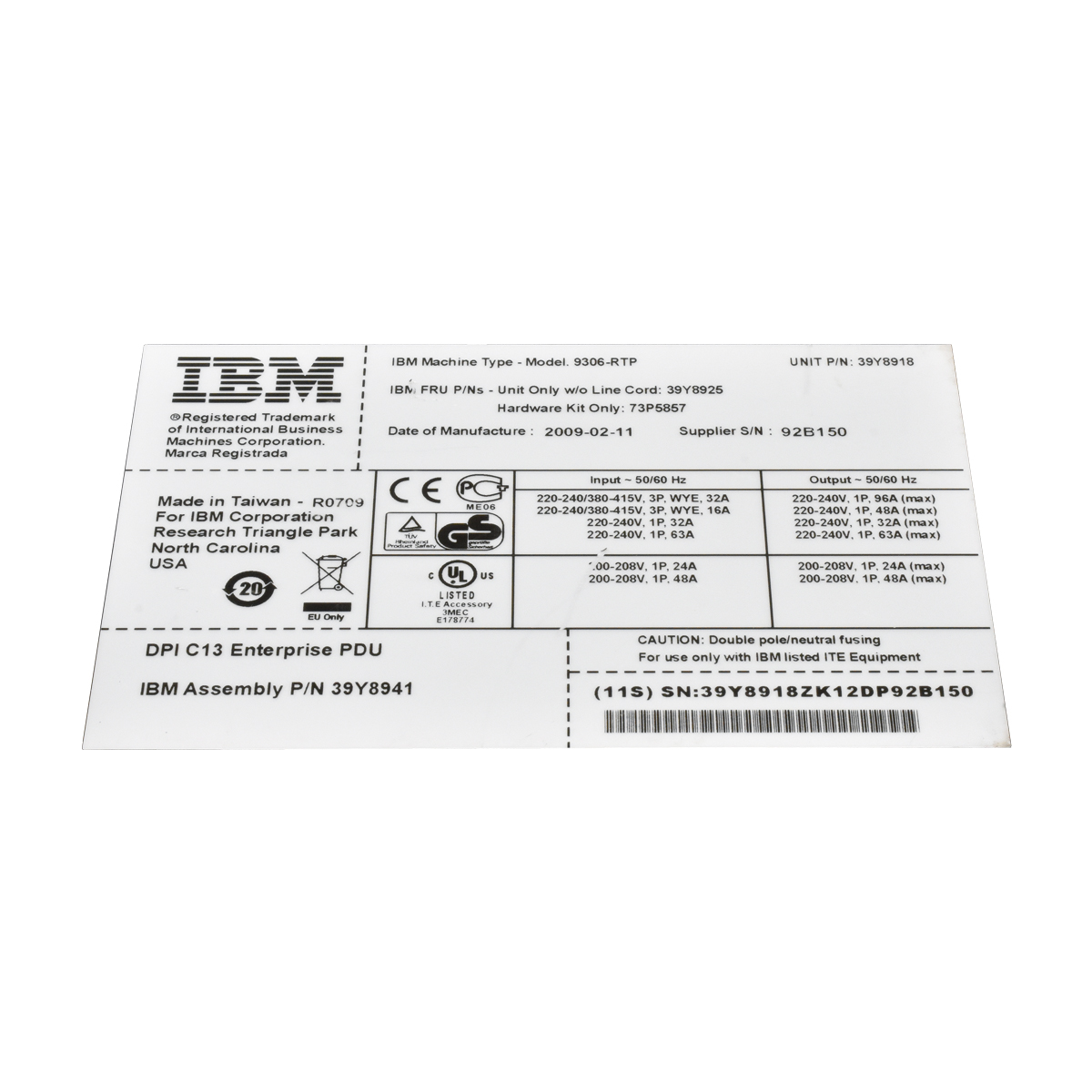 IBM DPI C13 Enterprise PDU 9306-RTP 39Y8941 39Y8918 39Y8925 3 Phasen mit Halterung IBM DPI C13 Enterprise PDU 9306-RTP 39Y8941 39Y8918 39Y8925 3 Phasen mit Halterung