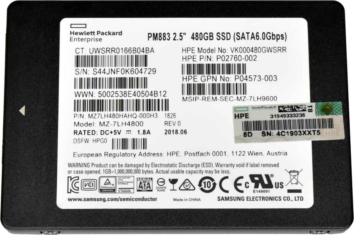 HP Samsung PM883 480GB 2.5“ 6Gbps SATA SSD MZ-7LH4800 P02760-002 P04573-003