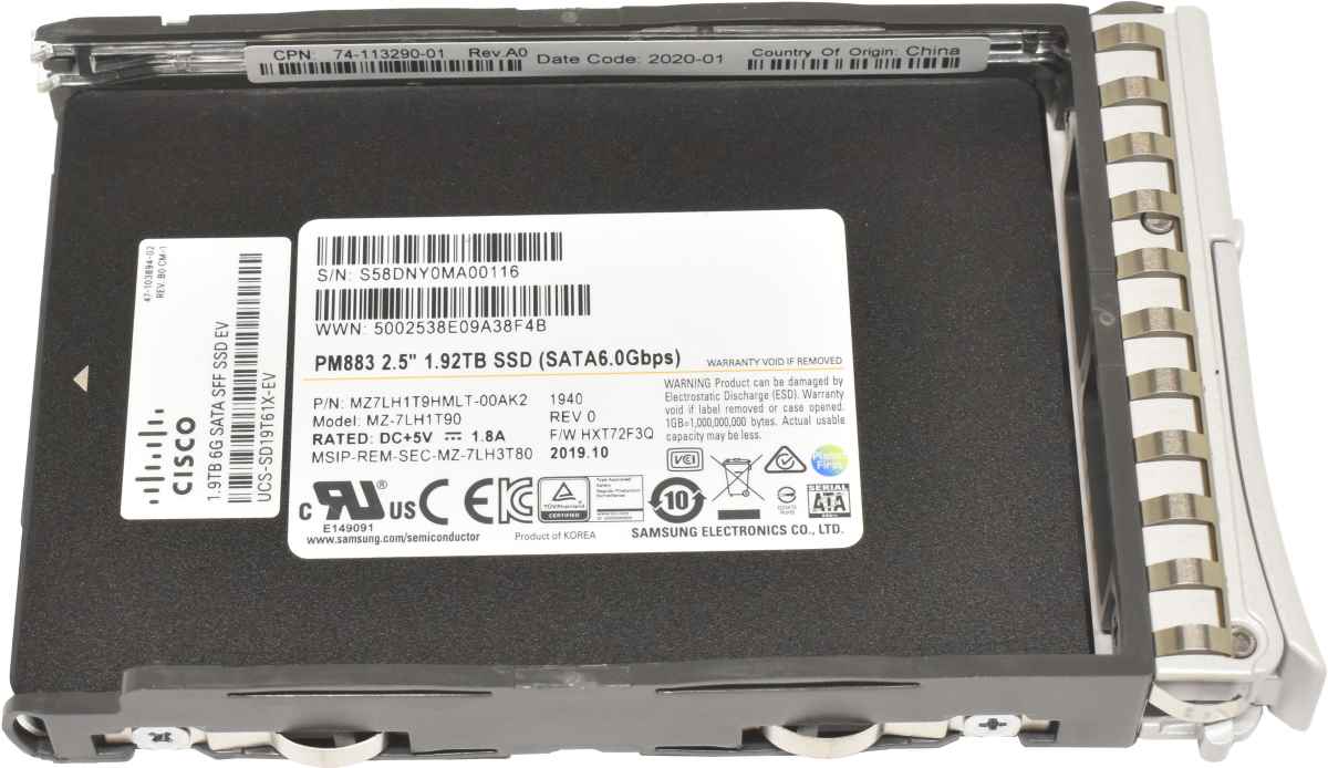 Cisco Samsung PM883 1.92TB 2.5" 6G SATA SFF SSD MZ-7LH1T90 UCS-SD19T61X-EV Cisco Samsung PM883 1.92TB 2.5" 6G SATA SFF SSD MZ-7LH1T90 UCS-SD19T61X-EV UCS Server