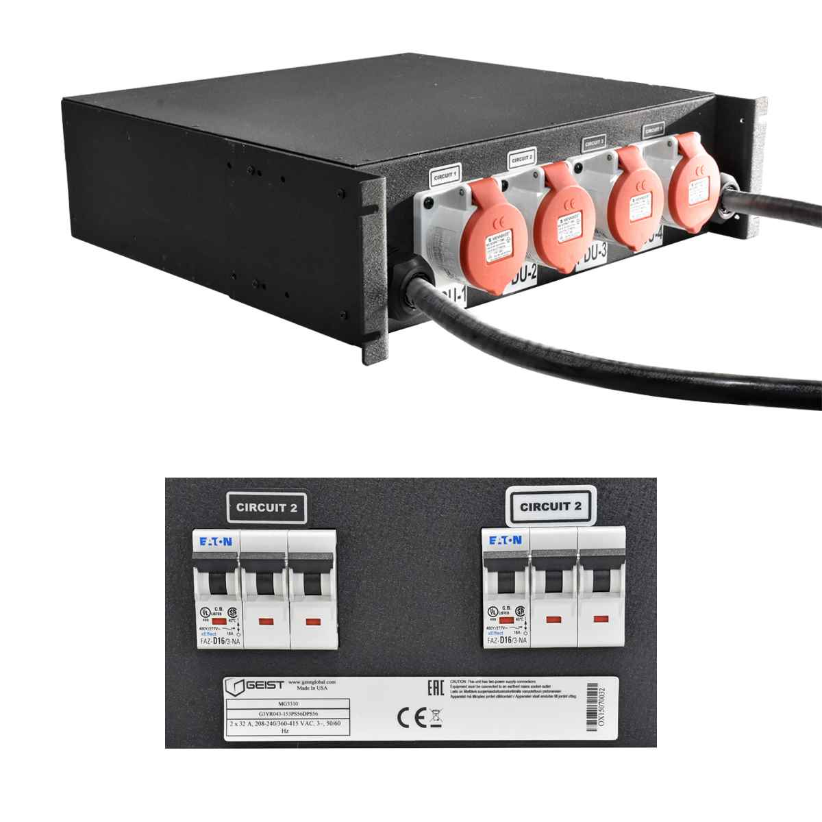 Geist PDU MU3311 U3YR043-033PS56DPS56 32A/24A 208-240/360-415 VAC 50/60 Hz Rack Ears Geist MG3310 G3YR043-153PS56DPS56 3U 240/415 VAC 2x 32A CE Splitter