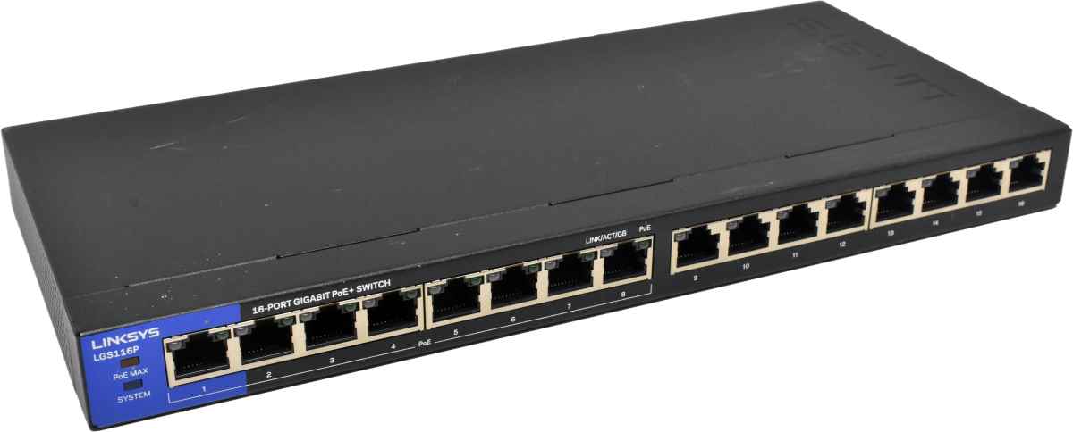 Linksys LGS116P 16-Port RJ-45 GE Switch (8x PoE+) no AC Adapter Linksys LGS116P 16-Port RJ-45 GE Switch (8x PoE+) no AC Adapter