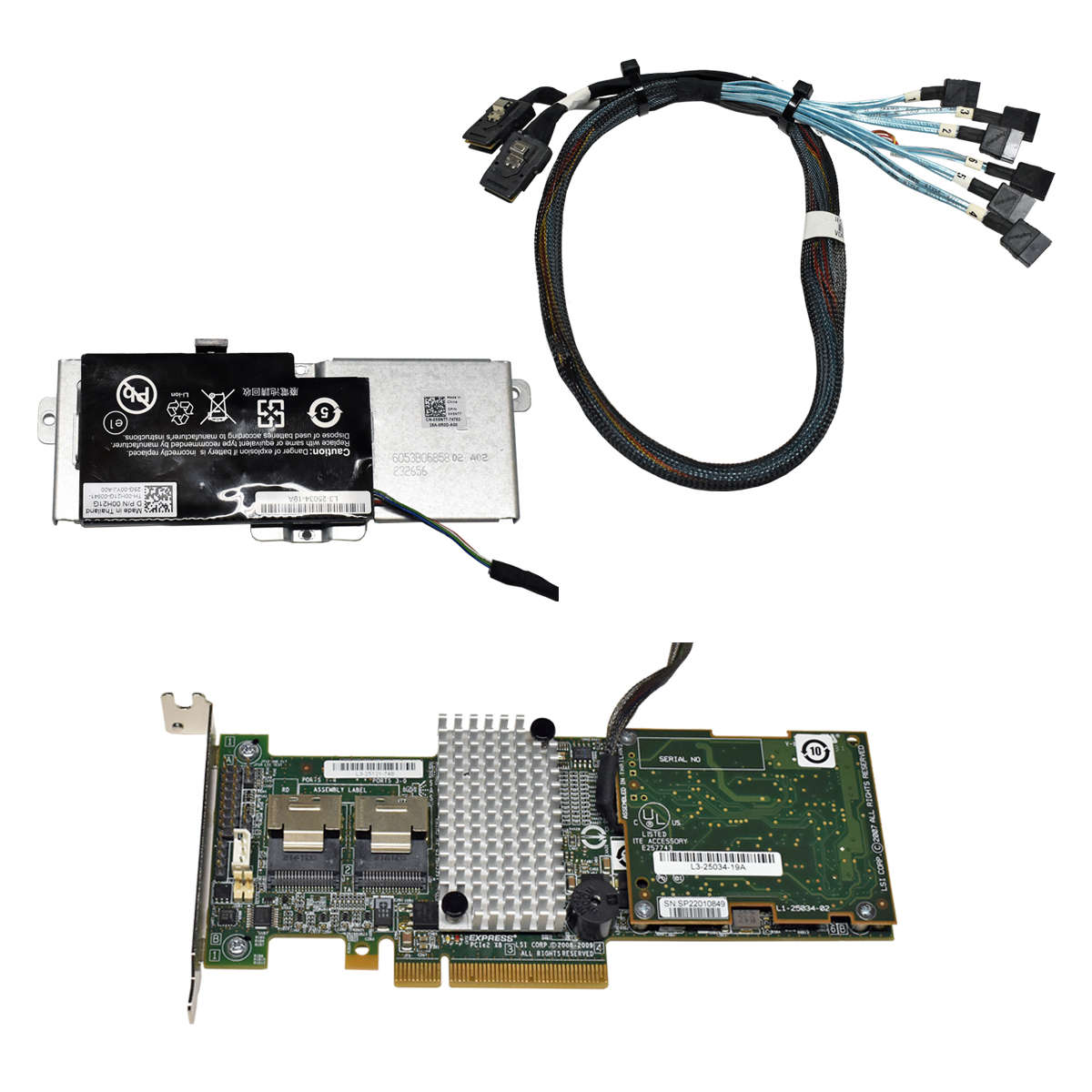 Dell-LSI-Raid-Controller-L3-25121-74B-003NDP-Inter-001.jpg Dell LSI Raid Controller L3-25121-74B 003NDP + Interposer Card + BBU auf Halterung + 2xSAS/6xSATA Kabel LP
