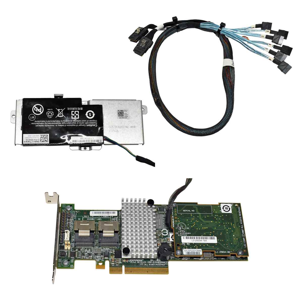 Dell LSI Raid Controller L3-25121-74B 003NDP + Interposer Card + BBU auf Halterung + 2xSAS/6xSATA Kabel LP Dell LSI Raid Controller L3-25121-74B 003NDP + Interposer Card + BBU auf Halterung + 2xSAS/6xSATA Kabel LP
