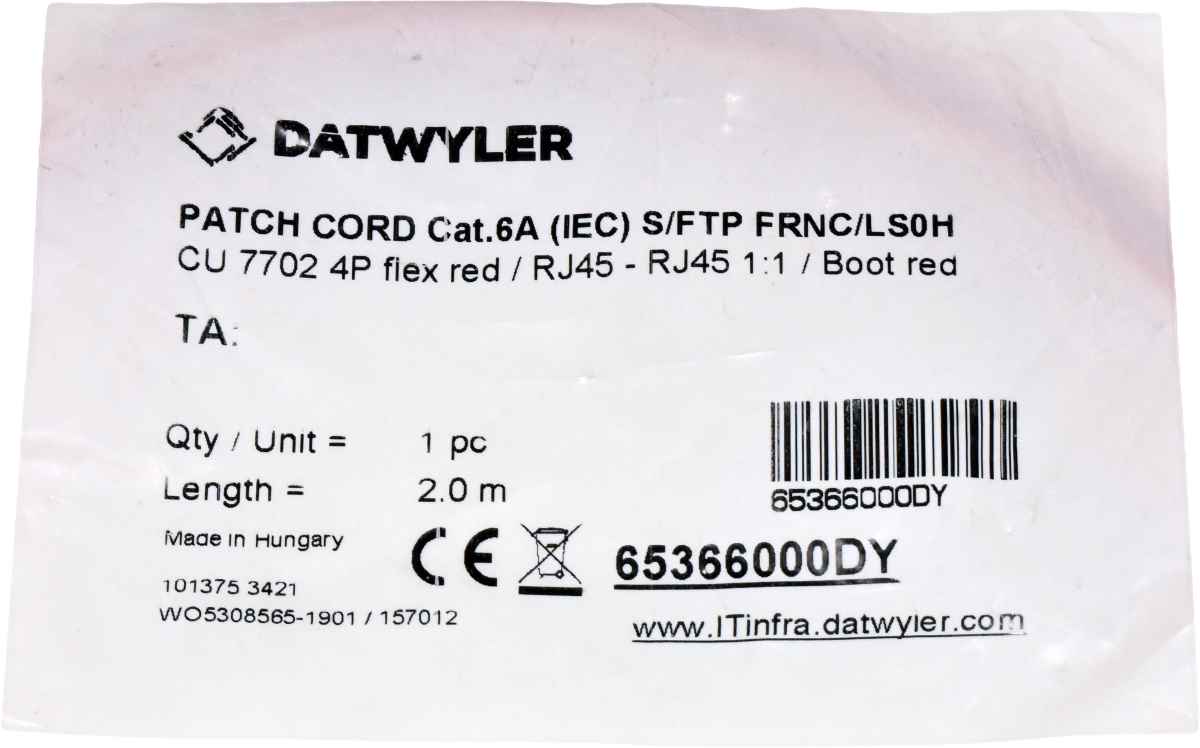 Dätwyler 2m 65366000DY Copper Patch Cord RJ-45 Cat.6A IEC red NEW NEU