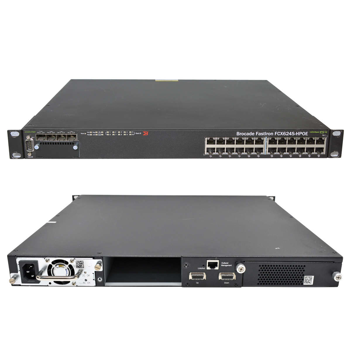 Brocade-FastIron-FCX624S-HPOE-80-1002387-04-24-Por-001.jpg Brocade FastIron FCX624S-HPOE 80-1002387-04 24-Port PoE Gigabit Ethernet Switch 4x SFP 1xPSU