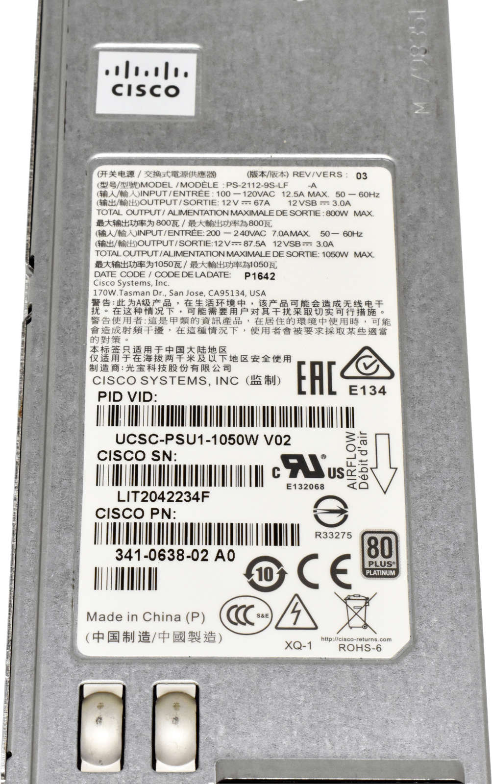 Cisco-PS-2112-9S-LF-1050W-Power-Supply-UCSC-PSU1-1-004.jpg Cisco PS-2112-9S-LF 1050W Power Supply UCSC-PSU1-1050W 341-0638-02 for C220 M5