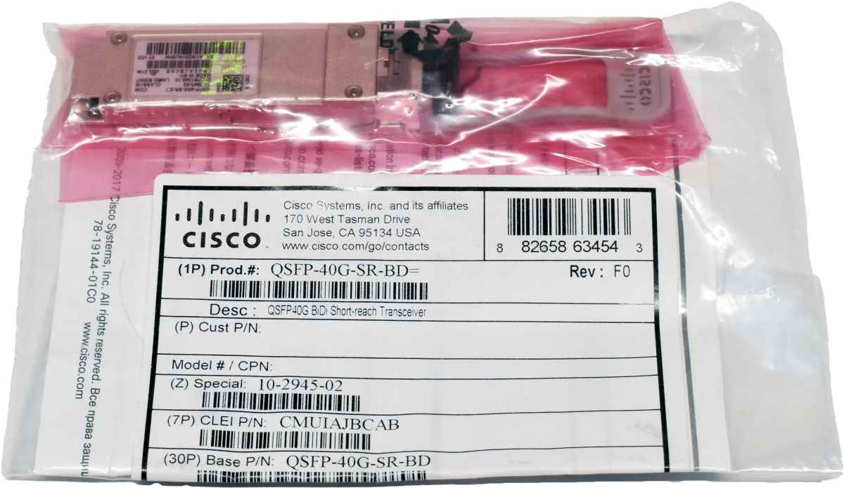 Cisco QSFP-40 BiDi Short-reach Transceiver QSFP-40G-SR-BD 10-2945-02 duplex MMF Transceiver Module NEW NEU Cisco QSFP-40 BiDi Short-reach Transceiver QSFP-40G-SR-BD 10-2945-02 duplex MMF Transceiver Module NEW NEU
